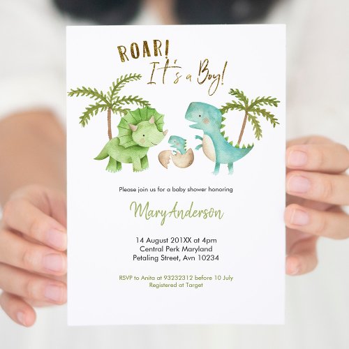 Boy Tropical Dinosaur Baby Shower Invite Roar