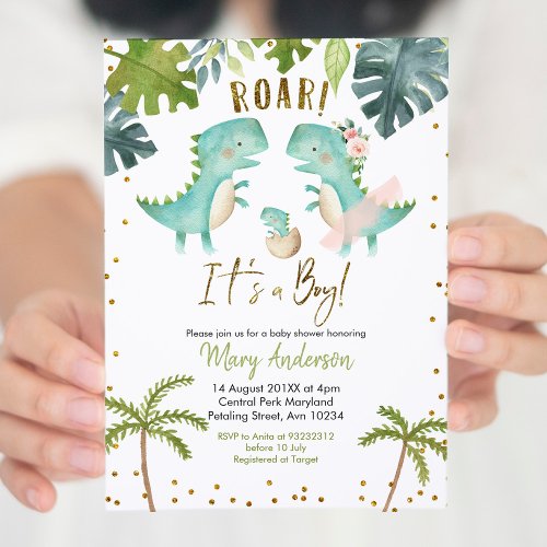 Boy Tropical Dinosaur Couple Shower Invite Roar