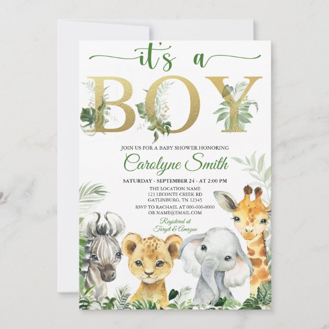 Boy Tropical Jungle Animals Baby Shower Invitation (Front)