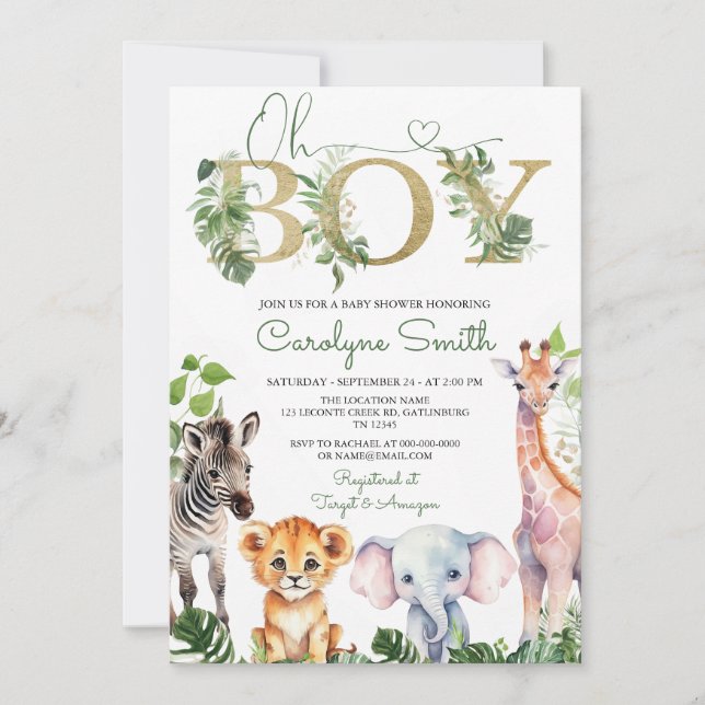 Boy Tropical Jungle Safari Animals Baby Shower Invitation (Front)