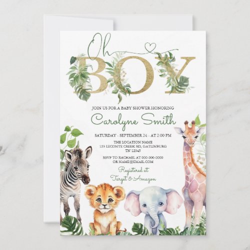 Boy Tropical Jungle Safari Animals Baby Shower Invitation