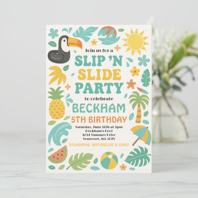 Boy Tropical Slip ’N’ Slide Birthday Party Invitation (Standing Front)