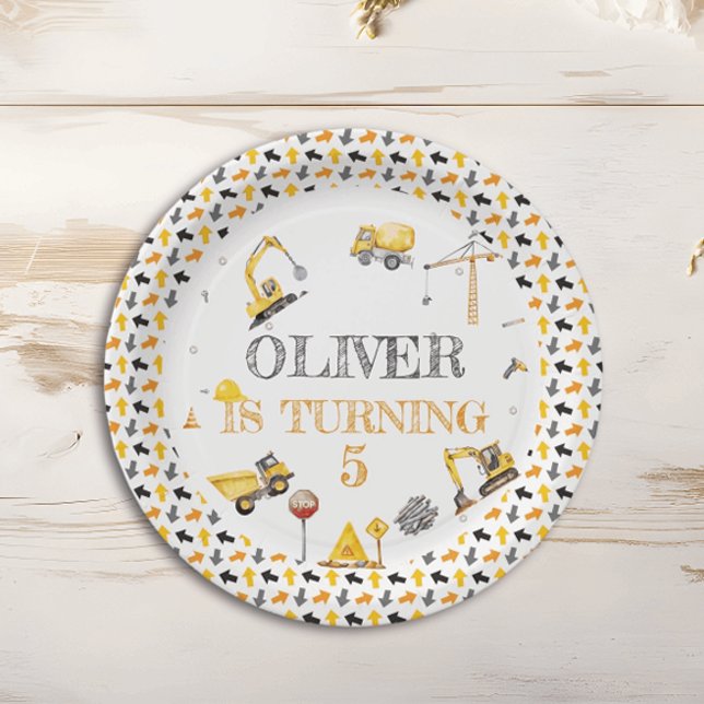 Boy Truck Construction Party Birthday Yellow Gray Paper Plates (Creator Uploaded)