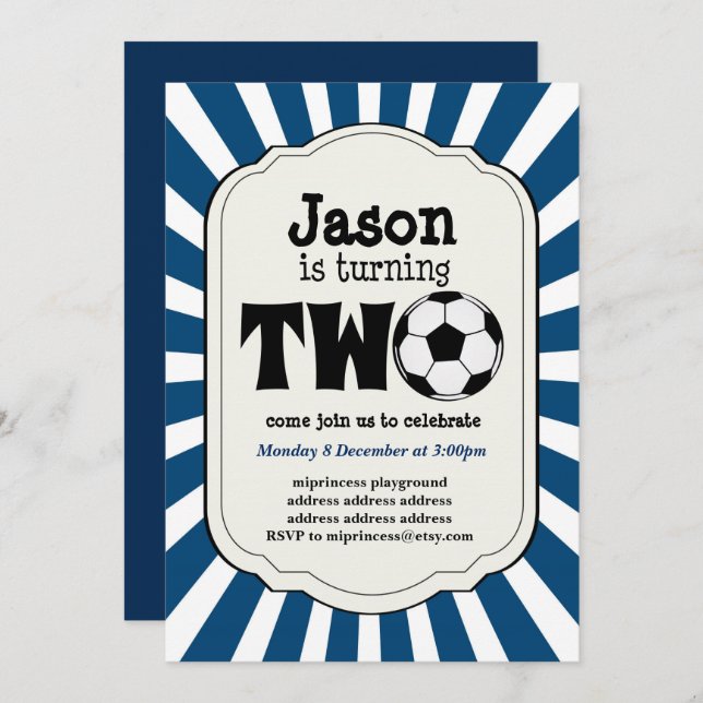 boy turning TWO  Soccer Ball  Invitation (Front/Back)