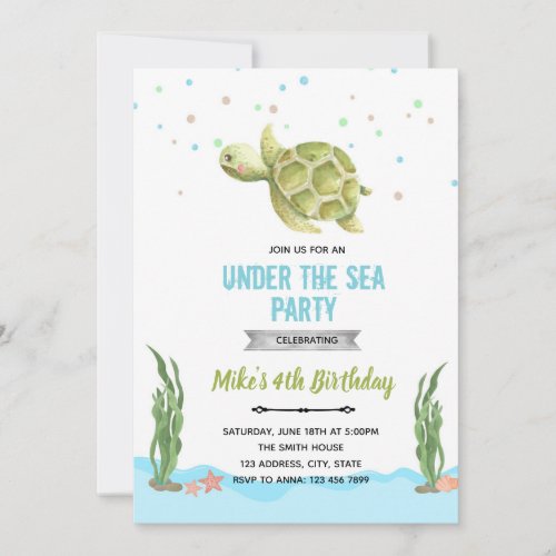 Boy turtle under the sea invitation