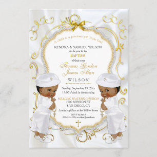 Boy Twins Baptism Christening Gold Cross Ethnic Invitation