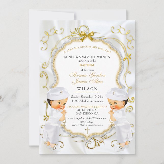 Boy Twins Baptism Christening Gold White Cross Inv Invitation (Front)