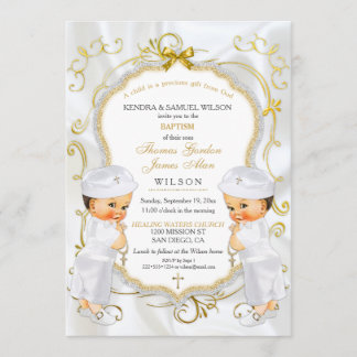 Boy Twins Baptism Christening Gold White Cross Invitation