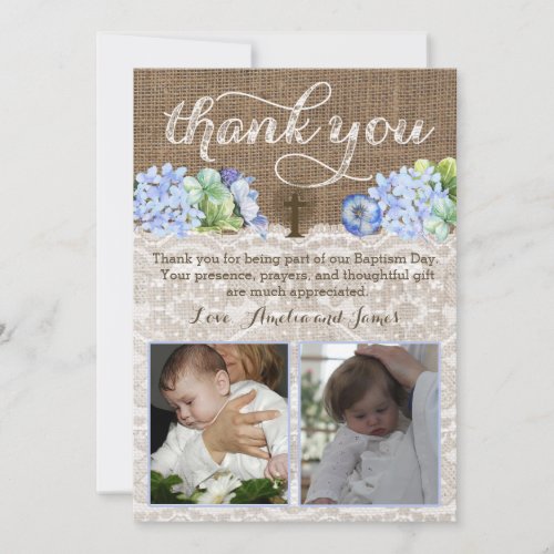 boy twins baptism thank you note with 2 photos
