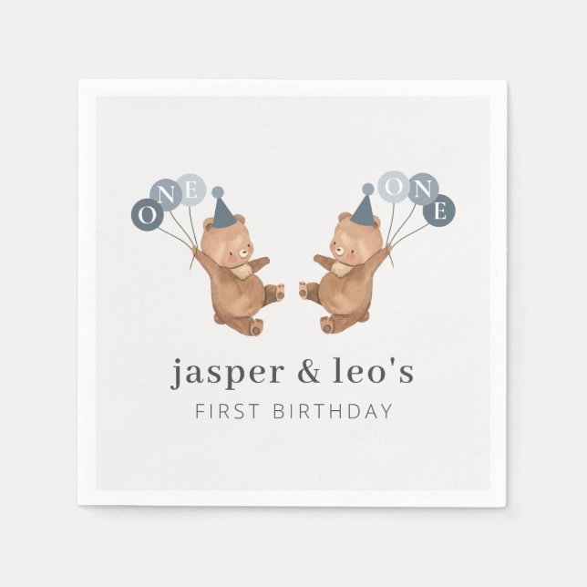 Boy Twins - Bears Party Hats - 1st Birthday Napkins (Front)