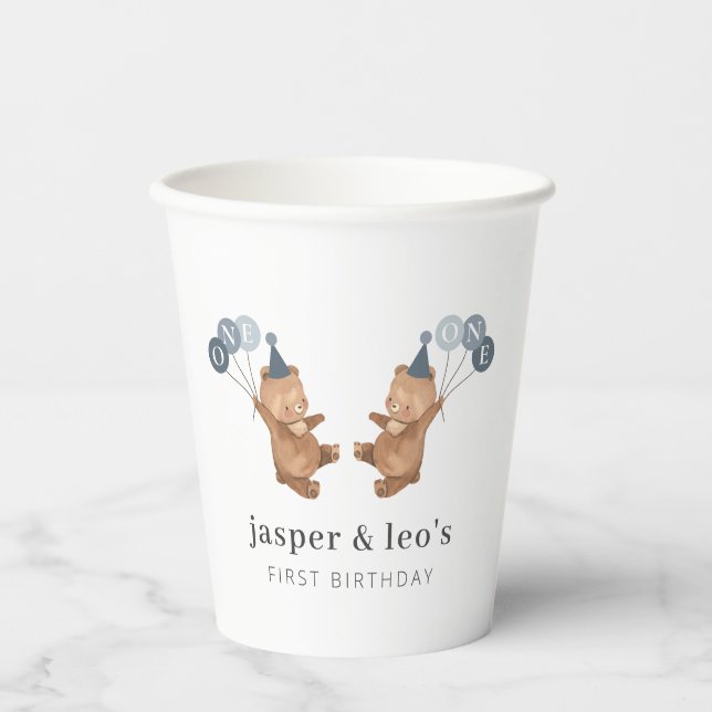 Boy Twins - Bears Party Hats - 1st Birthday Paper Cups (Front)