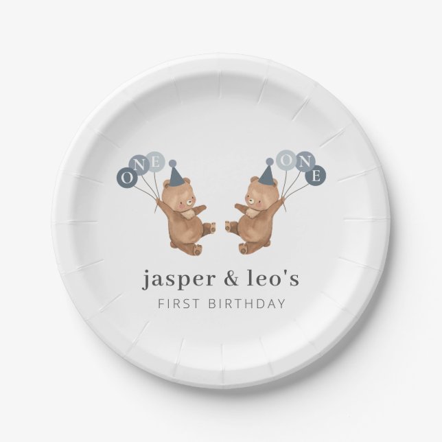 Boy Twins - Bears Party Hats - 1st Birthday Paper Plates (Front)