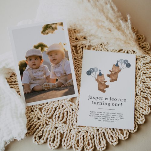 Boy Twins _ Bears Party Hats _ 1st Birthday Photo Invitation