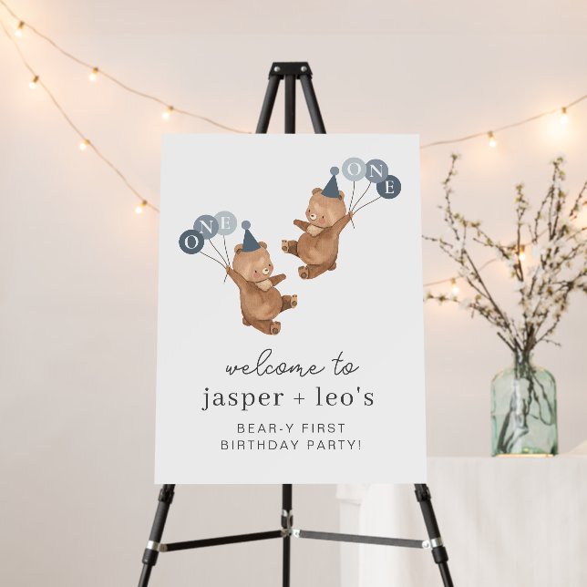 Boy Twins - Bears Party Hats 1st Birthday Welcome Foam Board (In Situ (Stand))