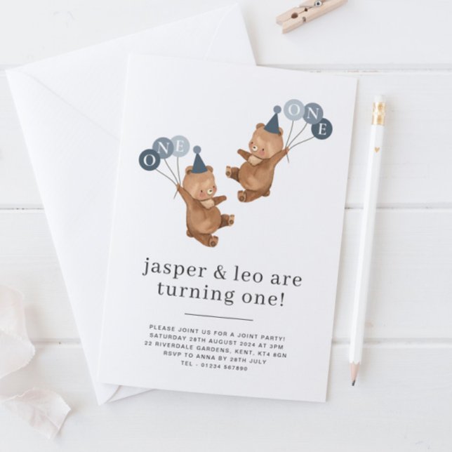 Boy Twins - Bears Party Hats - Joint 1st Birthday Invitation (Boy Twins - Bears Party Hats - Joint 1st Birthday Invitation)