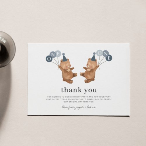 Boy Twins _ Bears Party Hats _ Thank You Card