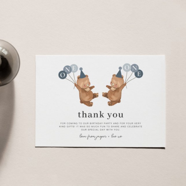 Boy Twins - Bears Party Hats - Thank You Card (Boy Twins - Bears Party Hats - Thank You Card)