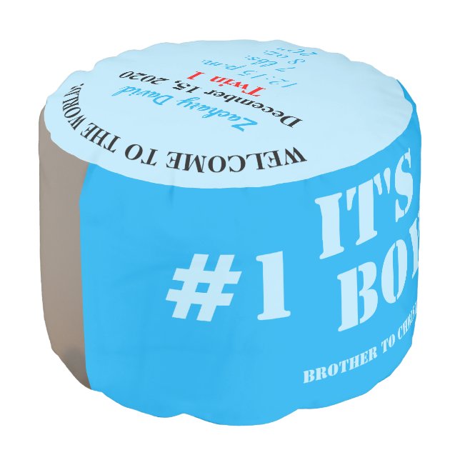Boy Twins Birth Stats Blue Photo Pouf (Angled Front)