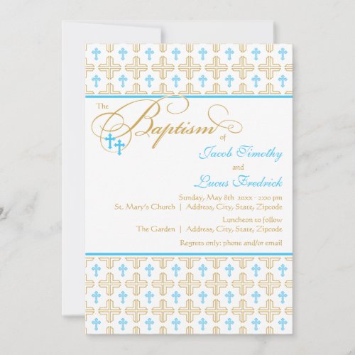 Boy Twins Cross Pattern Baptism Invitation