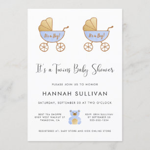 Boy Twins Retro Carriage Watercolor Shower Invitation