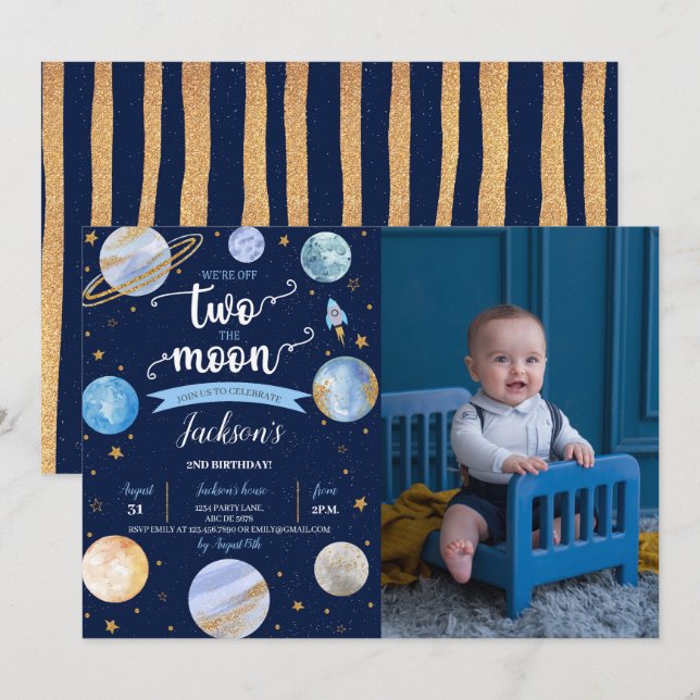 Boy Two The Moon Space Birthday Photo Invitation (Front/Back)