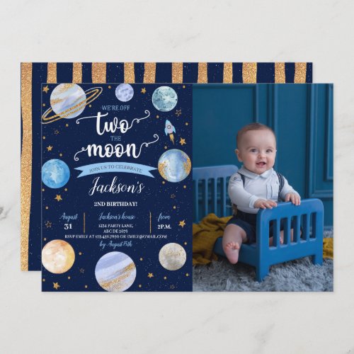 Boy Two The Moon Space Birthday Photo Invitation