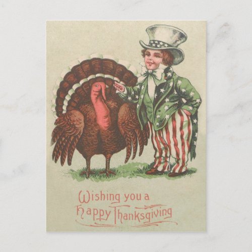 Boy Uncle Sam Thanksgiving Turkey Holiday Postcard