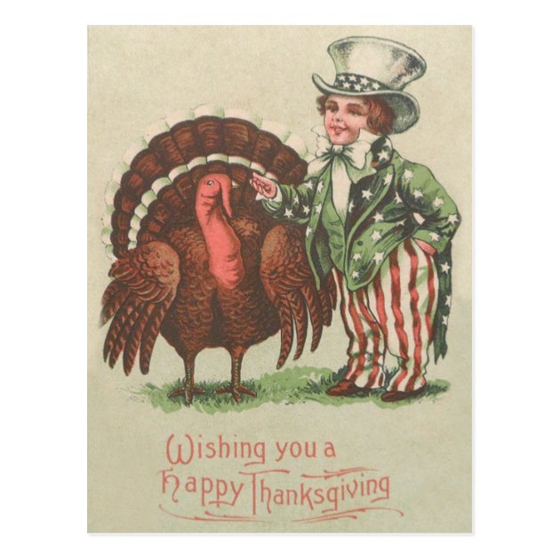Boy Uncle Sam Thanksgiving Turkey Postcard