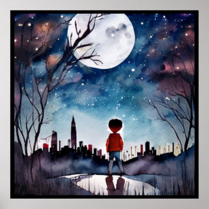 Boy under the Full Moon Watercolor Poster