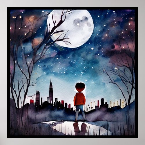 Boy under the Full Moon Watercolor Poster 