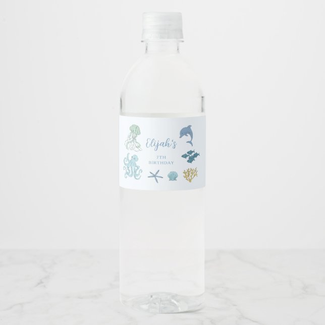 Boy Under The Sea Birthday Party Water Bottle Label (Front)