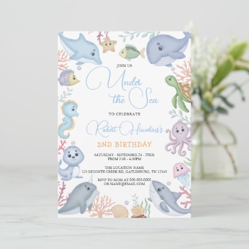 Boy Under the Sea Ocean Animals Birthday Invitation | Zazzle