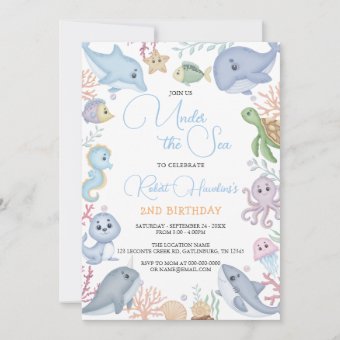 Boy Under the Sea Ocean Animals Birthday Invitation | Zazzle