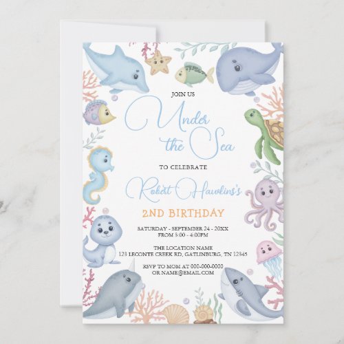 Boy Under the Sea Ocean Animals Birthday Invitation