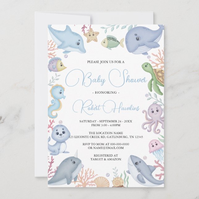 Boy Under The Sea Ocean Watercolor Baby Shower Invitation (Front)