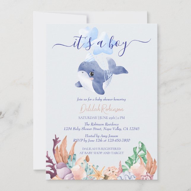 Boy Under the Sea Whale Watercolor Baby Shower Invitation (Front)