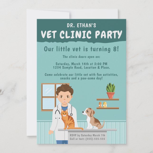 Boy Veterinarian Vet Animal Clinic Kids’ Birthday Invitation (Front)