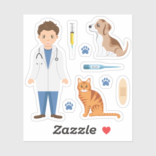 Boy Veterinarian With Puppy Cat And Vet Things Sticker (Sheet)