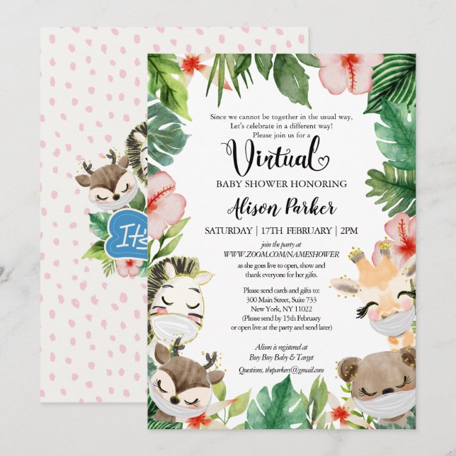 Boy Virtual Baby Shower | Masked Safari Friends Invitation (Front/Back)