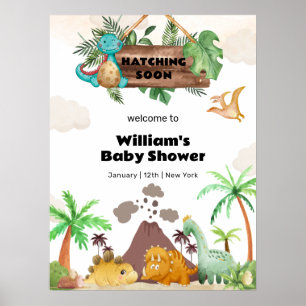 Boy Volcano Hatching Dinosaur Baby Shower Welcome  Poster