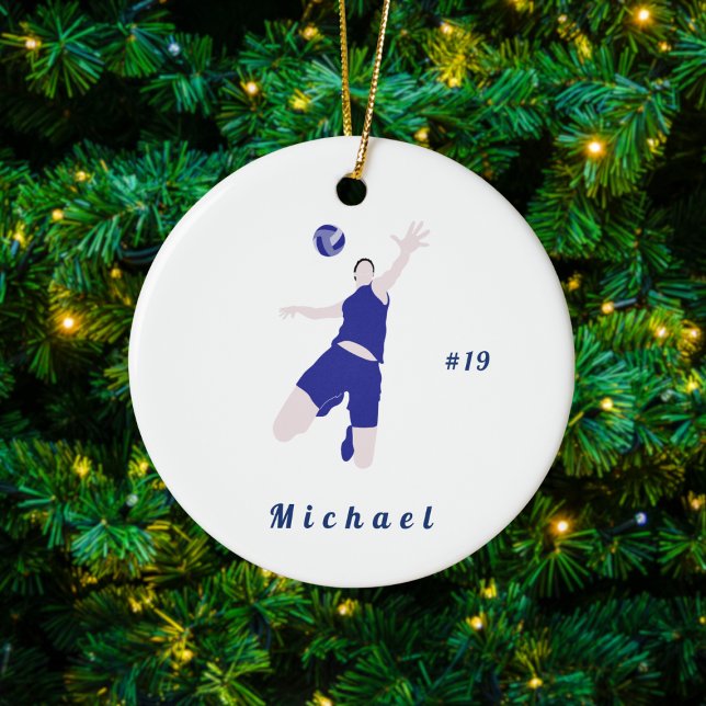 Boy Volleyball Player Blue Name & Number Ceramic Ornament (Creator Uploaded)