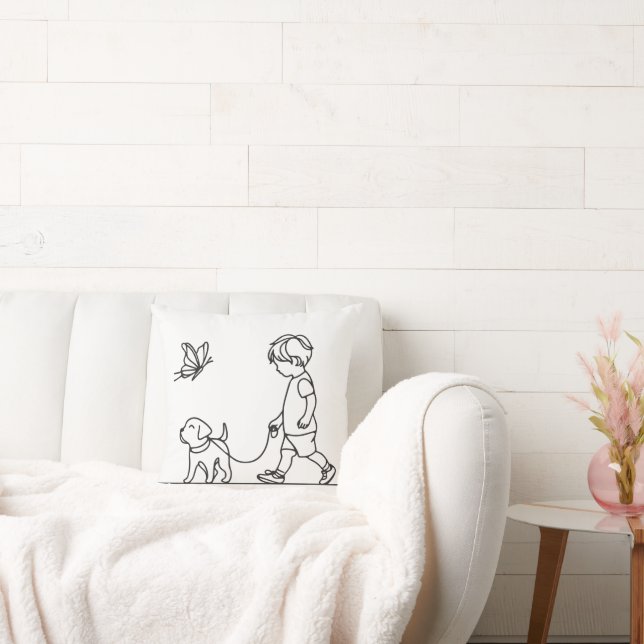 Boy walking his dog puppy throw pillow (Couch)