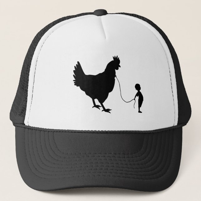 Boy Walking His Pet Chicken Funny Gag Gift Trucker Hat (Front)