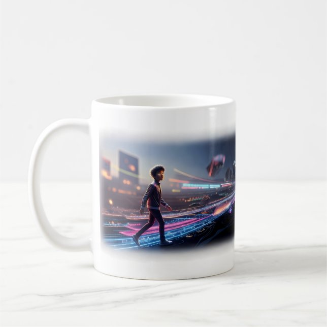 Boy Walking Into a Neon Future Dream Mug (Left)