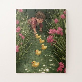 Boy Watching Baby Ducklings in Sparkling Stream Jigsaw Puzzle