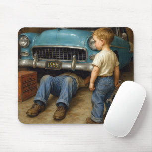 Boy Watching Dad Work On 1955 Chevy Mouse Pad