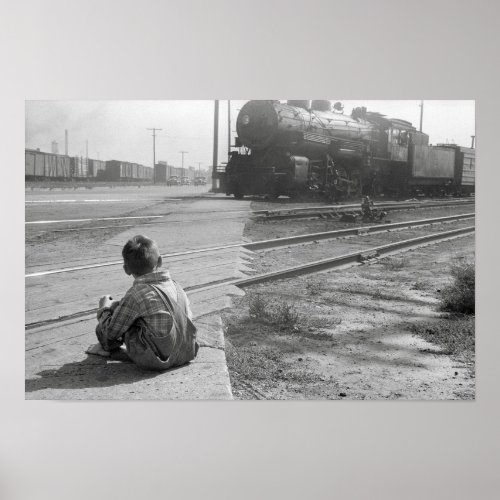 Boy Watching Trains 1939 Vintage Photo Poster