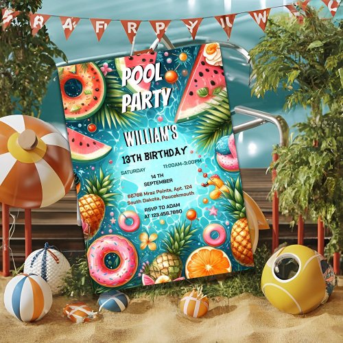 boy water blue Cool Pool Party 13th Birthday Invitation