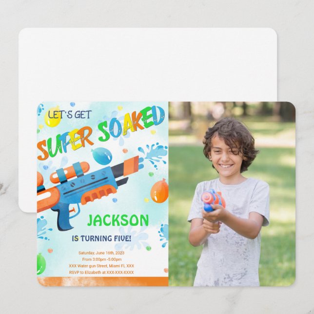 Boy Water Gun Birthday Photo Invitation (Front/Back)