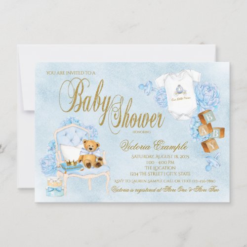 Boy Watercolor Baby Blue Gold Baby Shower Invitation